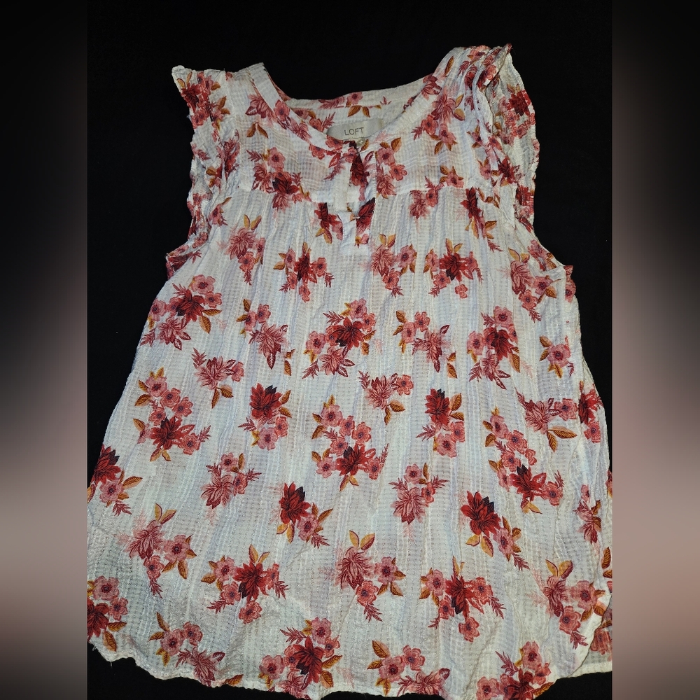LOFT White Top with Red Floral Design